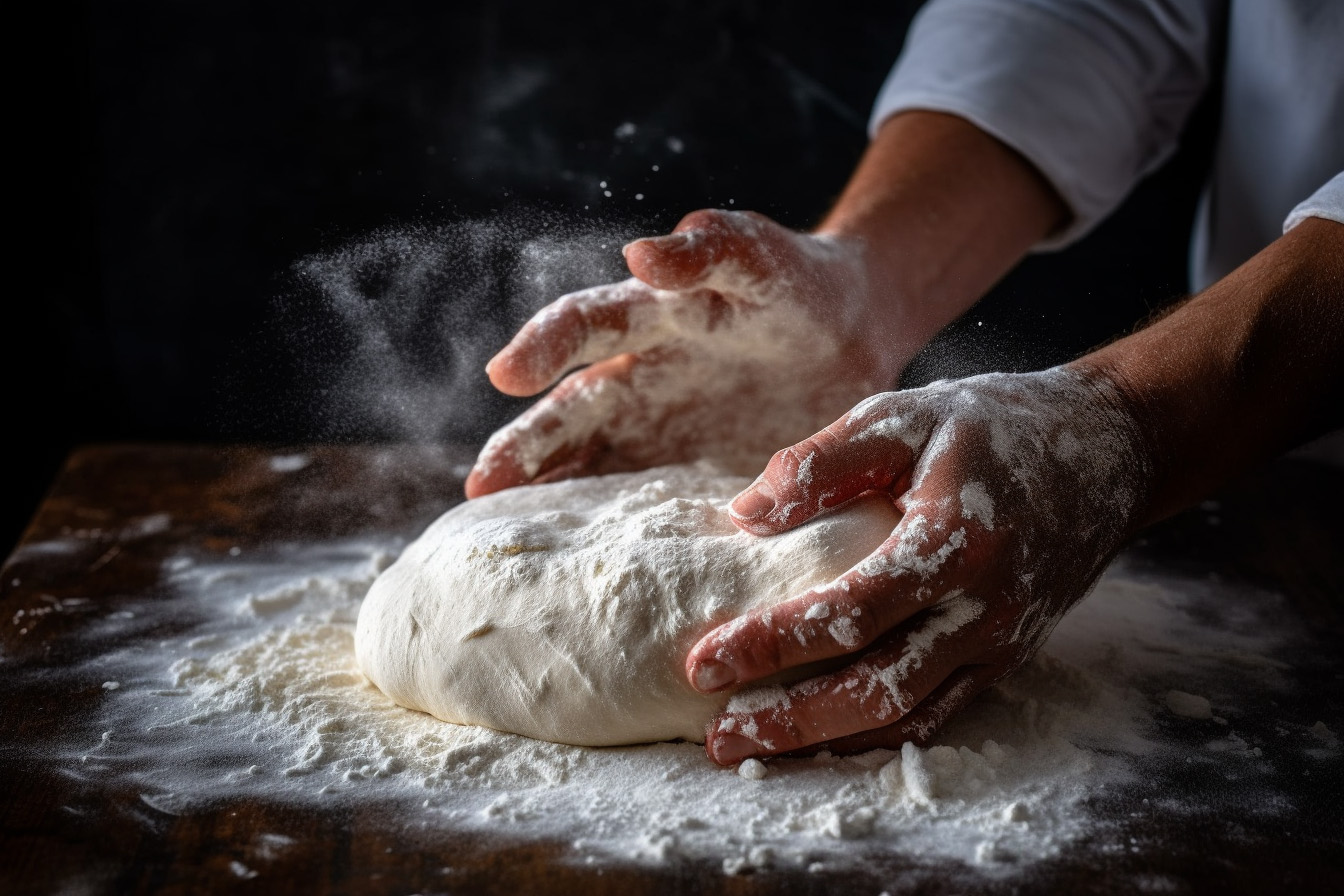 Baker making pizza from scratch with flour and dough, homemade pizza, homemade dough, homemade baking